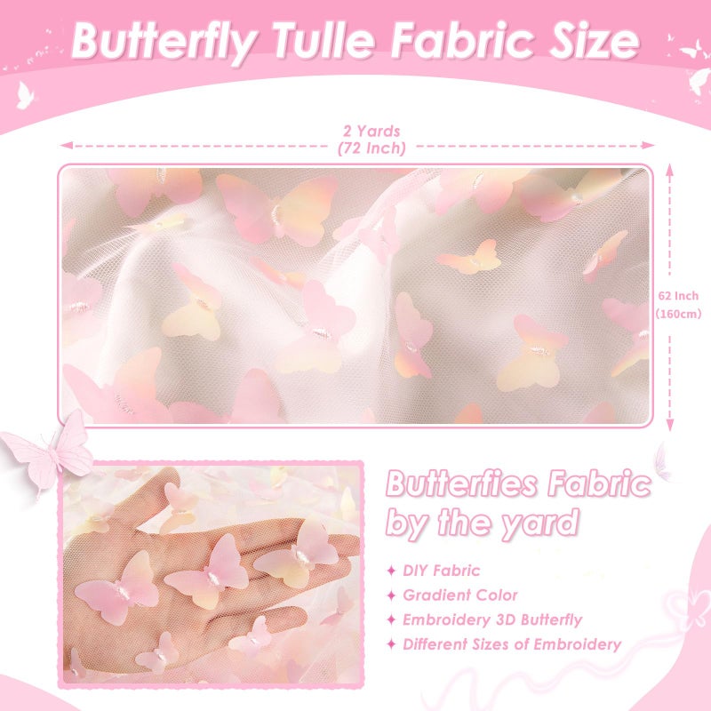FanQiSi Rainbow Pink Tulle Fabric Rolls: 2 Yards 3D Butterfly Embroidery Fabric - DIY Cloth for Birthday Party Decorations Wedding Bridal Shower Baby Shower - Image 4