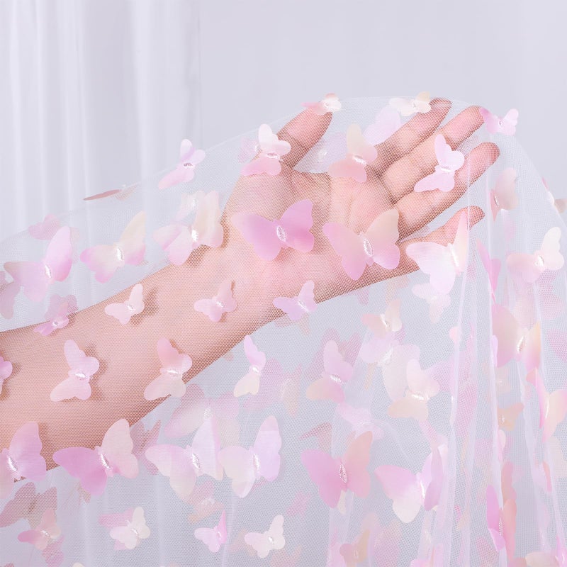 FanQiSi Rainbow Pink Tulle Fabric Rolls: 2 Yards 3D Butterfly Embroidery Fabric - DIY Cloth for Birthday Party Decorations Wedding Bridal Shower Baby Shower - Image 1