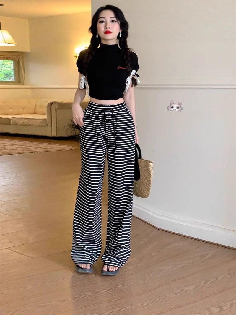 Black And White Striped Casual Pants For Women, Thin High-Waisted Drapey Wide-Leg Pants, Lazy Style Floor-Length Straight Pants - Image 4