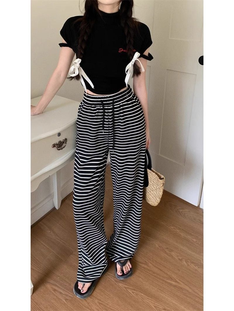 Black And White Striped Casual Pants For Women, Thin High-Waisted Drapey Wide-Leg Pants, Lazy Style Floor-Length Straight Pants - Image 2