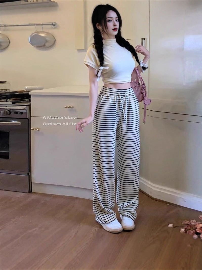 Black And White Striped Casual Pants For Women, Thin High-Waisted Drapey Wide-Leg Pants, Lazy Style Floor-Length Straight Pants - Image 3