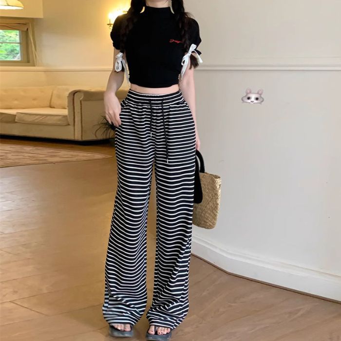 Black And White Striped Casual Pants For Women, Thin High-Waisted Drapey Wide-Leg Pants, Lazy Style Floor-Length Straight Pants - Image 1