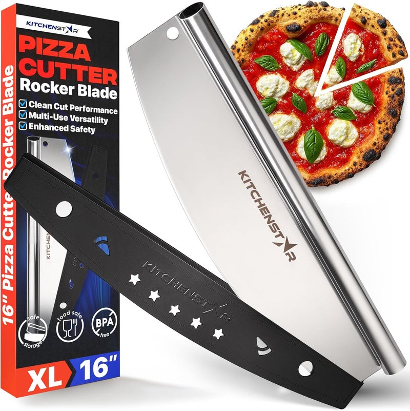 kitchen-star 16-Inch Pizza Cutter Rocker Blade - Sharp Stainless Steel Slicer Knife, Protective Cover, Dishwasher Safe, Large - Professional Pizza Oven Accessories - Image 1