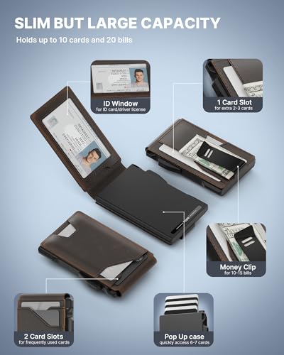 typecase محفظة تاكتيكال للرجال حاملة بطاقات: علبة بطاقات قابلة للظهور، جلد كامل الحبة، ذكي، مانع RFID، نحيف، بسيط، رفيع، جيب أمامي - 10 فتحات بطاقات، نافذة هوية، مشبك نقود (أسود مصقول) - Image 2