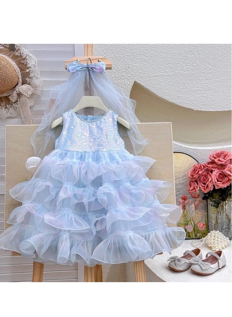1-2Y Baby Girls Toddler Girls Princess Dress Set, Shiny Blue Sequin Dress with Pearl-Embellished Neckline & Fluffy Tulle Skirt, Sweet Bow Headband, Perfect for Birthday Parties, Weddings & Special Occasions, Suitable for Height 80-90cm  - Image 1