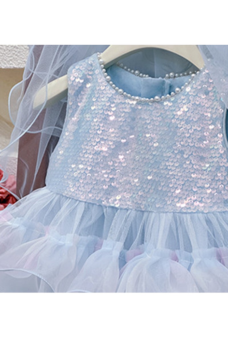 1-2Y Baby Girls Toddler Girls Princess Dress Set, Shiny Blue Sequin Dress with Pearl-Embellished Neckline & Fluffy Tulle Skirt, Sweet Bow Headband, Perfect for Birthday Parties, Weddings & Special Occasions, Suitable for Height 80-90cm  - Image 4