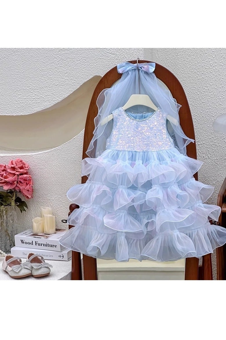 1-2Y Baby Girls Toddler Girls Princess Dress Set, Shiny Blue Sequin Dress with Pearl-Embellished Neckline & Fluffy Tulle Skirt, Sweet Bow Headband, Perfect for Birthday Parties, Weddings & Special Occasions, Suitable for Height 80-90cm  - Image 3