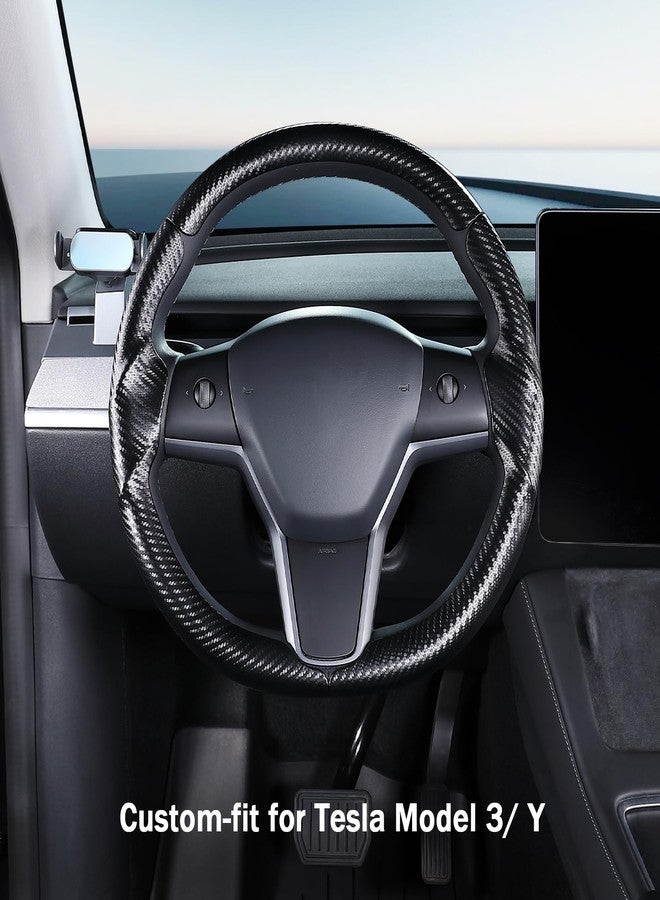 Aotoyou Custom-Fit for Tesla Model 3/Y Steering Wheel Cover, Carbon Fiber Leather Steering Wheel Cover Protector for Tesla Model 3 2017-2023/ Model Y 2020-2024 Accessories, Black - Image 2