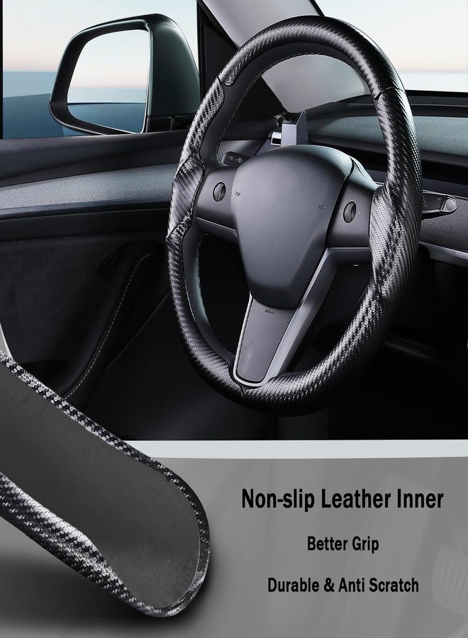 Aotoyou Custom-Fit for Tesla Model 3/Y Steering Wheel Cover, Carbon Fiber Leather Steering Wheel Cover Protector for Tesla Model 3 2017-2023/ Model Y 2020-2024 Accessories, Black - Image 3