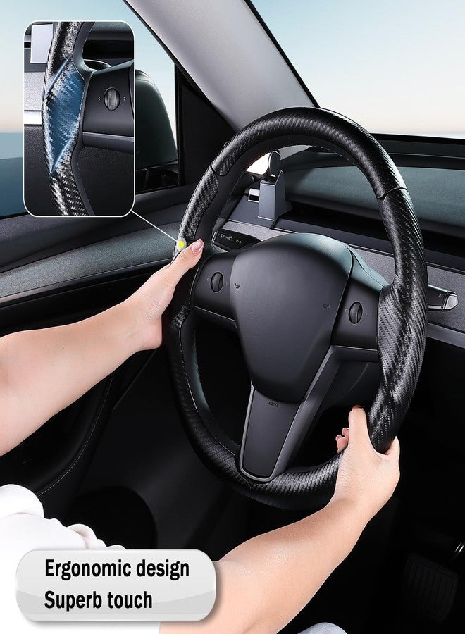 Aotoyou Custom-Fit for Tesla Model 3/Y Steering Wheel Cover, Carbon Fiber Leather Steering Wheel Cover Protector for Tesla Model 3 2017-2023/ Model Y 2020-2024 Accessories, Black - Image 4