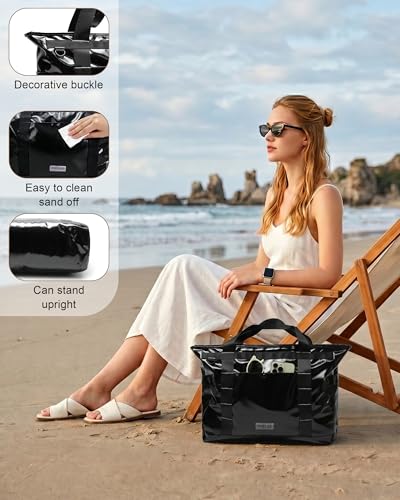 FHELAD Beach Tote Bag for Women, Large Work Shoulder Handbag with 15.6" Laptop and Multi Pockets Office Bag for Travel, Black - Image 3