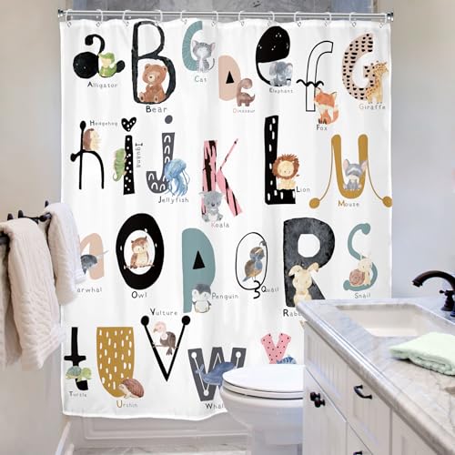 Riyidecor Kids ABC Learning Alphabet Shower Curtain for Bathroom Decor 60Wx72H Educational Study Boys Baby Children Funny Large A to Z Art Printed Fabric Polyester Waterproof 12 Pack Plastic Hooks - Image 4