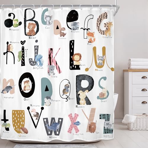 Riyidecor Kids ABC Learning Alphabet Shower Curtain for Bathroom Decor 60Wx72H Educational Study Boys Baby Children Funny Large A to Z Art Printed Fabric Polyester Waterproof 12 Pack Plastic Hooks - Image 2