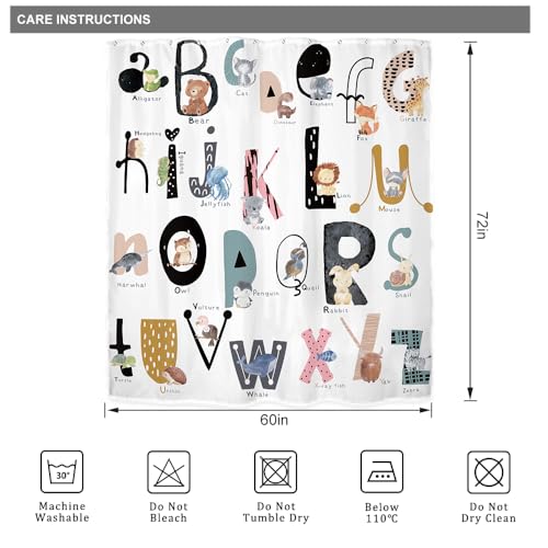 Riyidecor Kids ABC Learning Alphabet Shower Curtain for Bathroom Decor 60Wx72H Educational Study Boys Baby Children Funny Large A to Z Art Printed Fabric Polyester Waterproof 12 Pack Plastic Hooks - Image 5