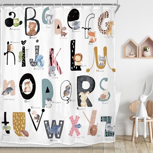 Riyidecor Kids ABC Learning Alphabet Shower Curtain for Bathroom Decor 60Wx72H Educational Study Boys Baby Children Funny Large A to Z Art Printed Fabric Polyester Waterproof 12 Pack Plastic Hooks - Image 1