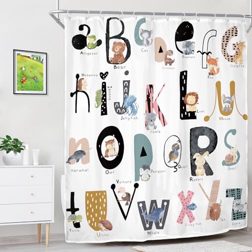 Riyidecor Kids ABC Learning Alphabet Shower Curtain for Bathroom Decor 60Wx72H Educational Study Boys Baby Children Funny Large A to Z Art Printed Fabric Polyester Waterproof 12 Pack Plastic Hooks - Image 3