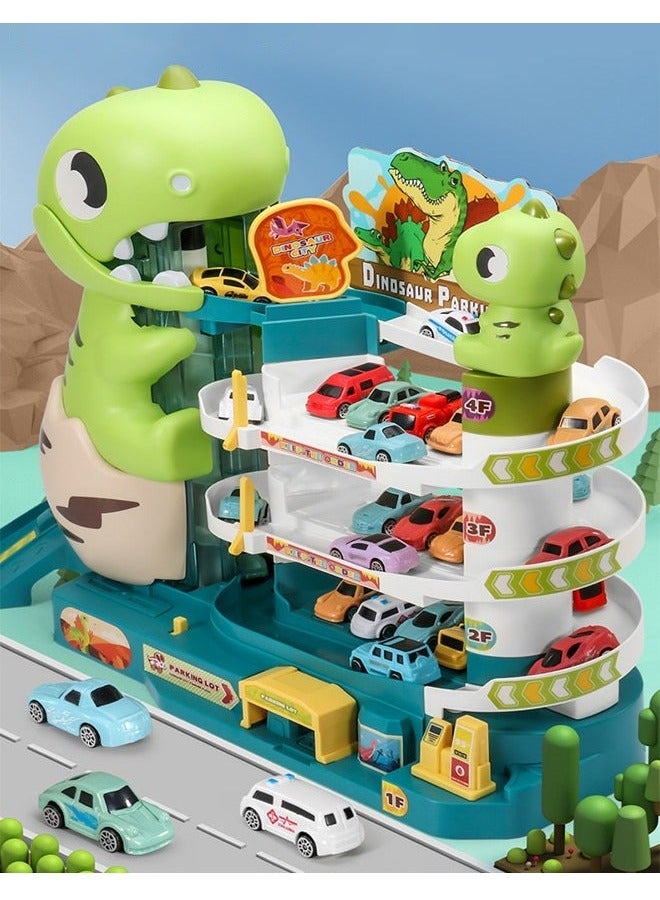 YelaJoy Dinosaur Track Parking Lot with Music and Light Effects, 3-floor Toy Car Garage for Kids, Garage Track Set with 6 Cars and 1 Map, STEM Educational Playset, Perfect Toy for Endless Fun and Learning, Ideal Gift for Kids, 58*15.8*33cm - Image 1