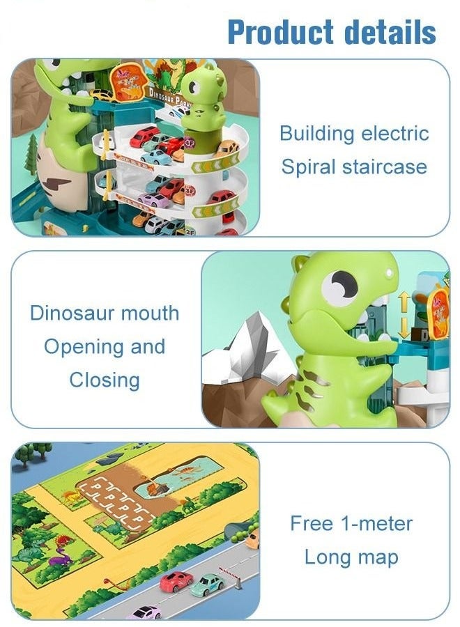 YelaJoy Dinosaur Track Parking Lot with Music and Light Effects, 3-floor Toy Car Garage for Kids, Garage Track Set with 6 Cars and 1 Map, STEM Educational Playset, Perfect Toy for Endless Fun and Learning, Ideal Gift for Kids, 58*15.8*33cm - Image 3