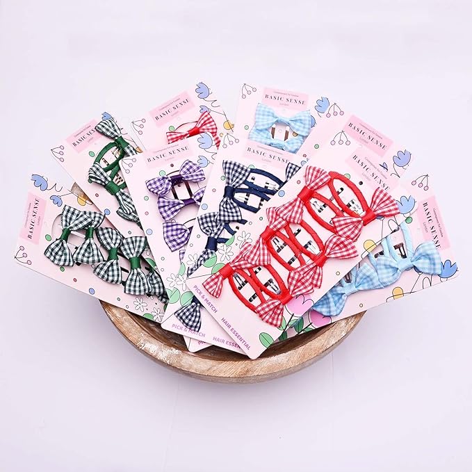 Basic Sense 12pcs Gingham Check Bow School Hair Set Ribbon Snap Clips Hair Elastics Ties for Girls School Uniform Mid Blue