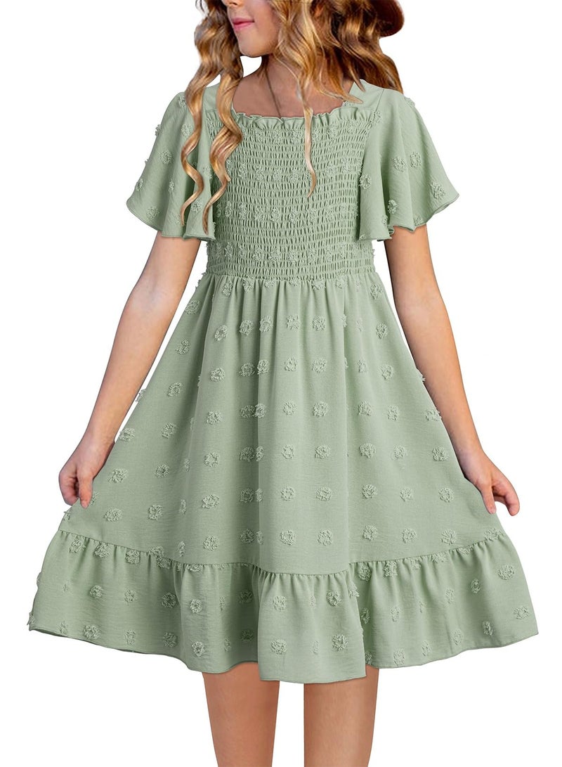 blibean Tween Girls Summer Dress Teen Girl Chiffon Flower Boho Dresses Big Kids Flutter Short Sleeve Homecoming Clothes Wedding Swiss Dots Easter Vestidos NiÃ±as Size 8-9 Years Old Sage Green - Image 1