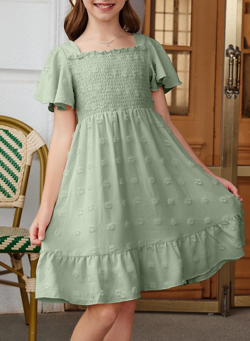blibean Tween Girls Summer Dress Teen Girl Chiffon Flower Boho Dresses Big Kids Flutter Short Sleeve Homecoming Clothes Wedding Swiss Dots Easter Vestidos NiÃ±as Size 8-9 Years Old Sage Green - Image 4