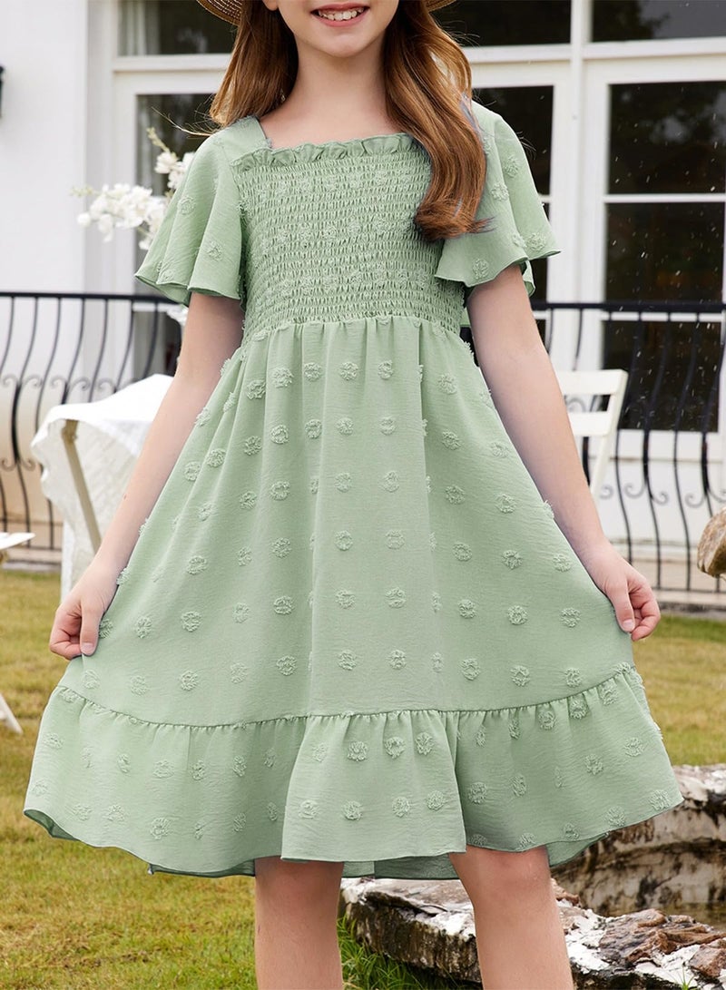 blibean Tween Girls Summer Dress Teen Girl Chiffon Flower Boho Dresses Big Kids Flutter Short Sleeve Homecoming Clothes Wedding Swiss Dots Easter Vestidos NiÃ±as Size 8-9 Years Old Sage Green - Image 2