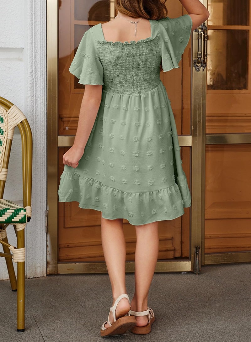 blibean Tween Girls Summer Dress Teen Girl Chiffon Flower Boho Dresses Big Kids Flutter Short Sleeve Homecoming Clothes Wedding Swiss Dots Easter Vestidos NiÃ±as Size 8-9 Years Old Sage Green - Image 3