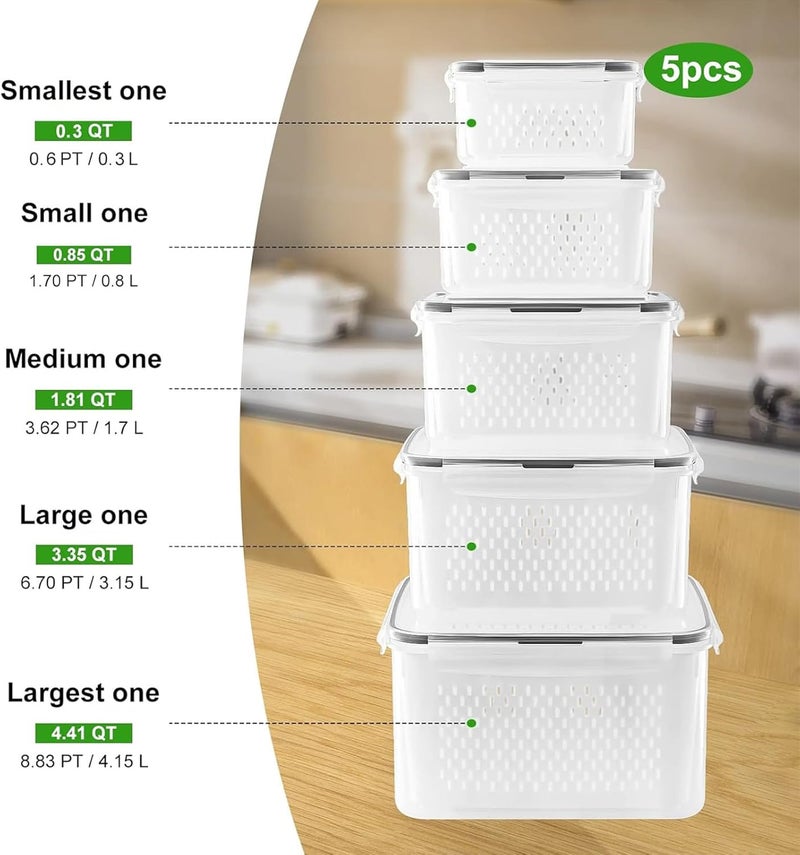 Freshmage 5 PCS Large Fruit Containers for Fridge - Leakproof Food Storage Containers with Removable Colander - Dishwasher & microwave safe Produce Containers Keep Fruits, Vegetables, Berry, Meat Fresh longer - Image 2