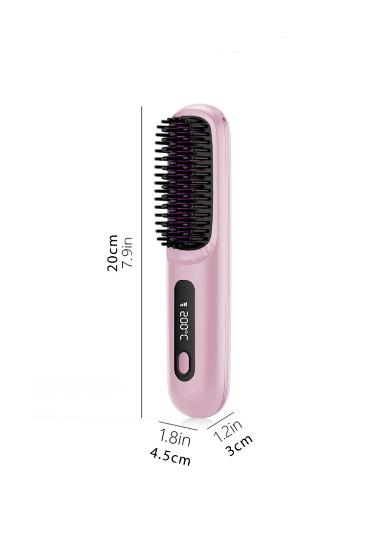 Generic - Electric Hair Straightener Brush, Portable Ceramic Ionic Straightening Comb and Curler, LED Display, Fast Heating, 3 Temp Settings & Anti-Scald Head Massager for All Hair Types, Pink - Image 1