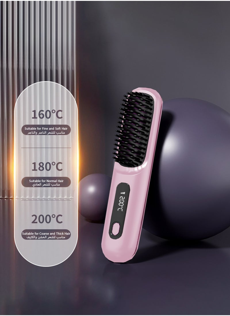 Generic - Electric Hair Straightener Brush, Portable Ceramic Ionic Straightening Comb and Curler, LED Display, Fast Heating, 3 Temp Settings & Anti-Scald Head Massager for All Hair Types, Pink - Image 1