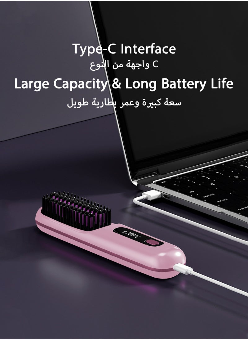 Generic - Electric Hair Straightener Brush, Portable Ceramic Ionic Straightening Comb and Curler, LED Display, Fast Heating, 3 Temp Settings & Anti-Scald Head Massager for All Hair Types, Pink - Image 1