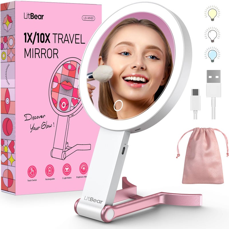 LitBear Travel Makeup Mirror with Lights, Rechargeable Double-Sided 10X/1X Magnifying Mirror, Portable Lighted Beauty Mirror, 3 Color Lighting, Dimmable Touch Screen, Tabletop Handhold Hanging (White) - Image 1
