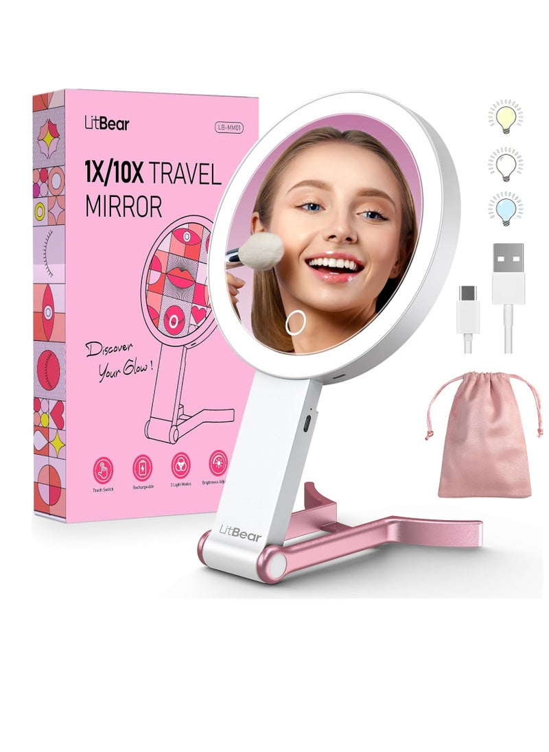 LitBear LitBear Travel Makeup Mirror with Lights, Rechargeable Double Sided 10X /1X Magnifying Mirror, Portable Lighted Beauty Mirror, 3 Color Lighting, Dimmable Touch Screen, Tabletop Handhold Hanging  - Image 1