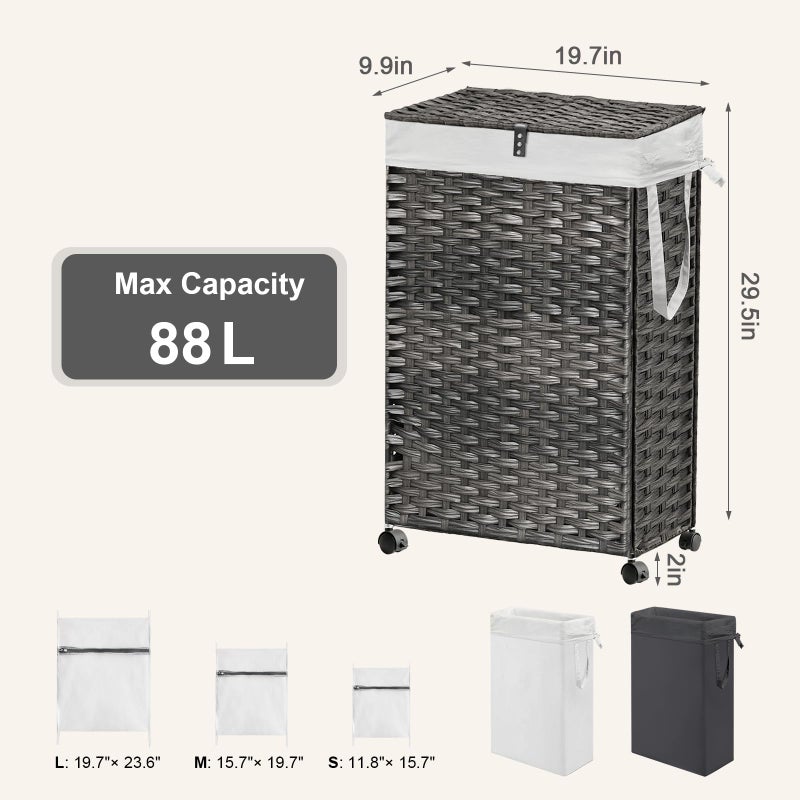 Hiagnete 88L Slim Laundry Hamper with Wheels, 23.3 Gallon Rolling Laundry Basket with Lid, Tall and Narrow Laundry Hamper with 2 Removable Liner & 3 Mesh Bags, Laundry Sorter for Bathroom, Brown - Image 4