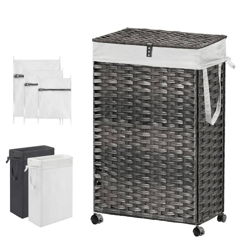 Hiagnete 88L Slim Laundry Hamper with Wheels, 23.3 Gallon Rolling Laundry Basket with Lid, Tall and Narrow Laundry Hamper with 2 Removable Liner & 3 Mesh Bags, Laundry Sorter for Bathroom, Brown - Image 1