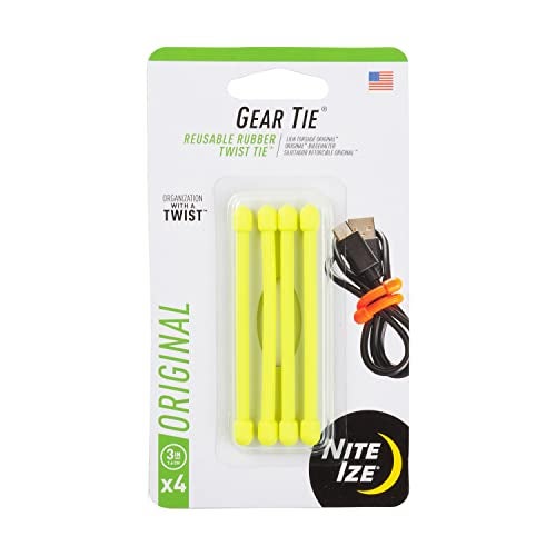 Nite Ize GT3-4PK-33 Original Gear Tie, Reusable Rubber Twist Tie, 3-Inch, Neon Yellow, 4 Pack, Made in the USA - Image 1