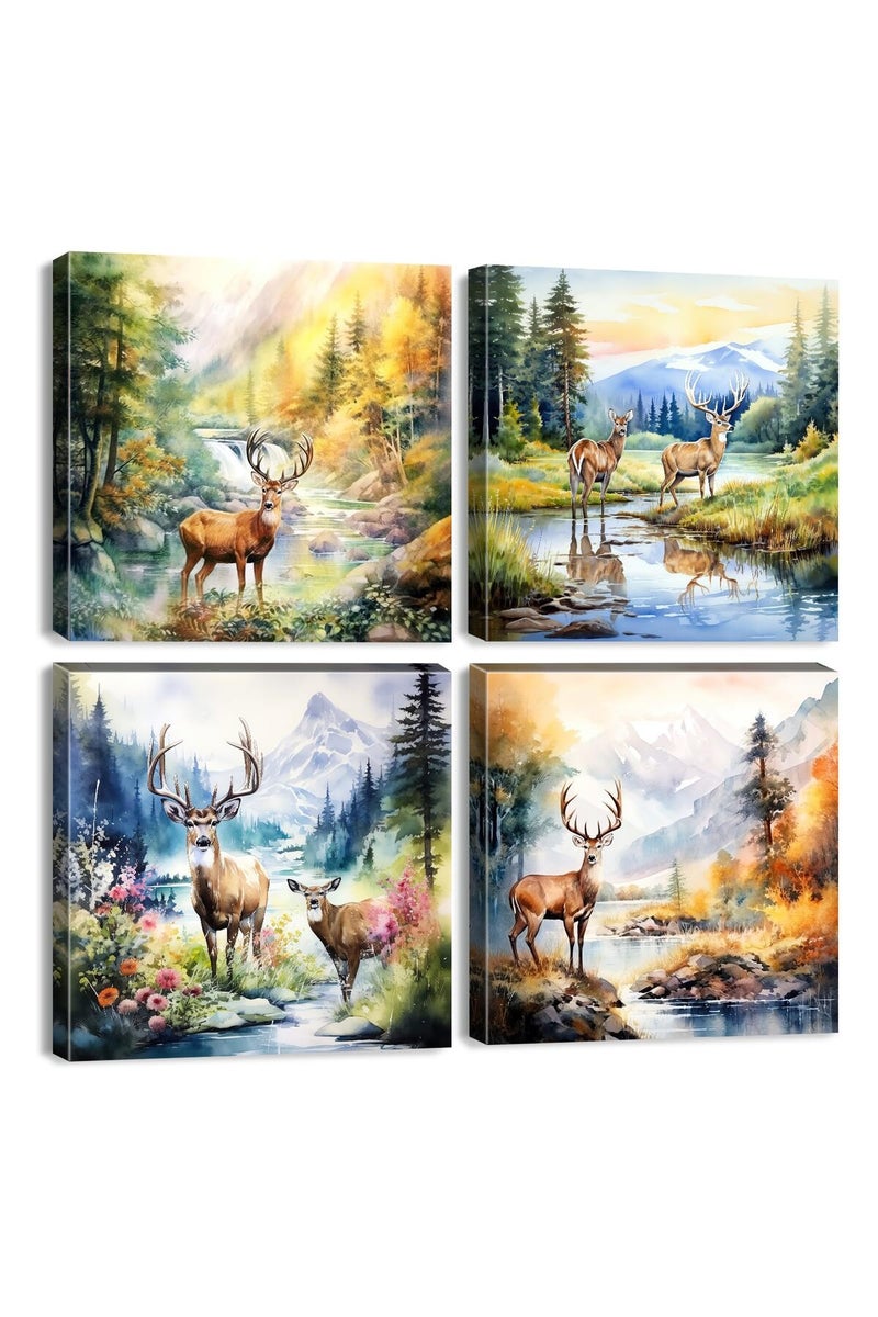 sunfrower Deer Canvas Wall Art Forest Scenic Wall Decor Watercolor Elk Moose Pictures for Bathroom Living Room Bedroom Nature Landscape Poster Mountain River Animal Painting Artwork Home Decorations 12x12” 4Pcs - Image 1