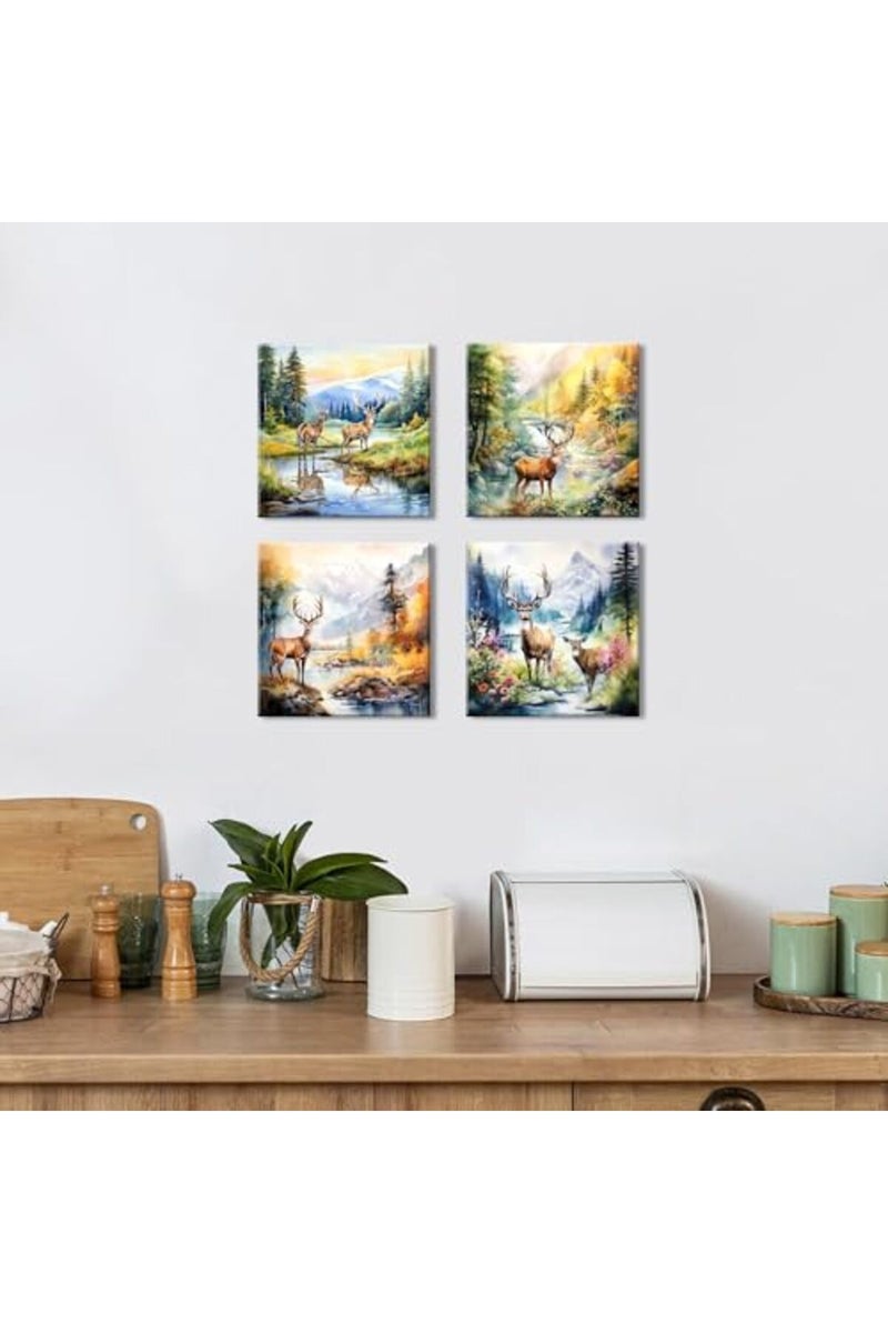 sunfrower Deer Canvas Wall Art Forest Scenic Wall Decor Watercolor Elk Moose Pictures for Bathroom Living Room Bedroom Nature Landscape Poster Mountain River Animal Painting Artwork Home Decorations 12x12” 4Pcs - Image 5