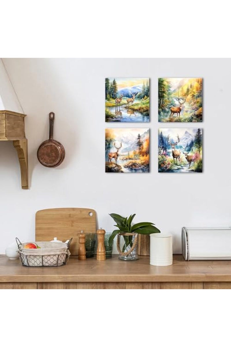 sunfrower Deer Canvas Wall Art Forest Scenic Wall Decor Watercolor Elk Moose Pictures for Bathroom Living Room Bedroom Nature Landscape Poster Mountain River Animal Painting Artwork Home Decorations 12x12” 4Pcs - Image 4