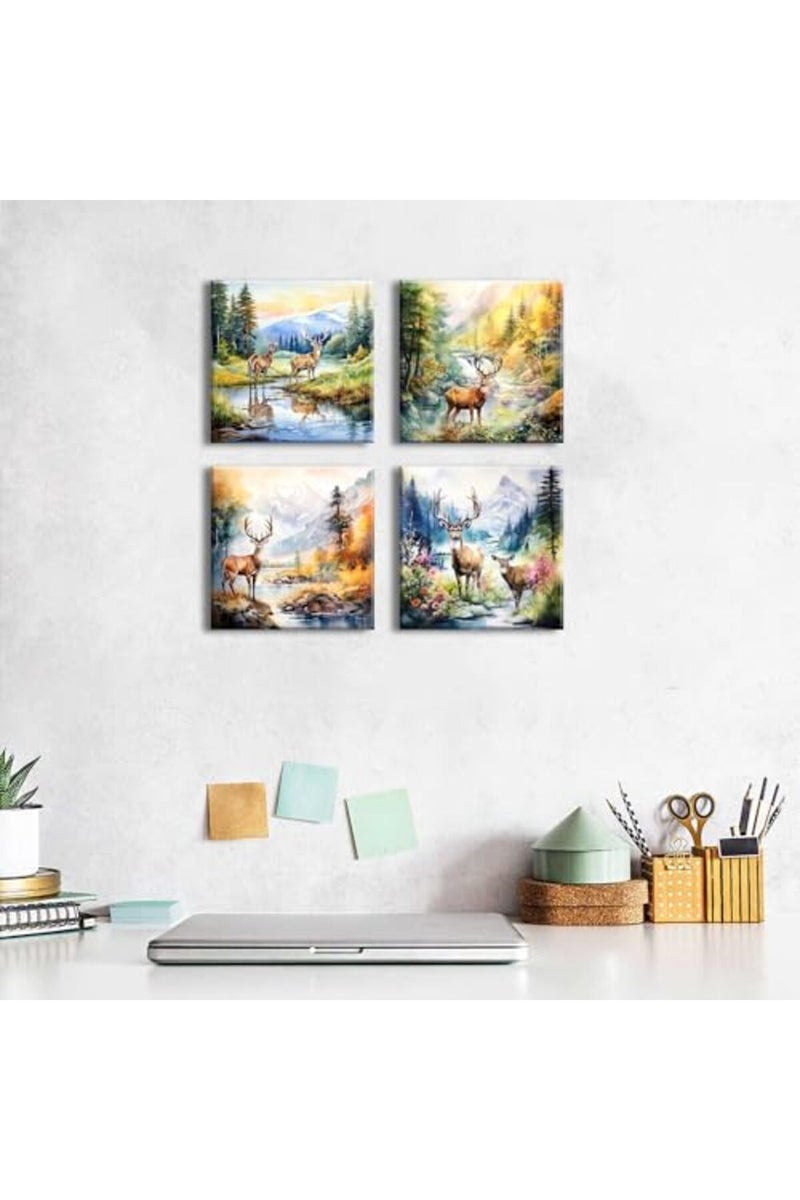 sunfrower Deer Canvas Wall Art Forest Scenic Wall Decor Watercolor Elk Moose Pictures for Bathroom Living Room Bedroom Nature Landscape Poster Mountain River Animal Painting Artwork Home Decorations 12x12” 4Pcs - Image 3