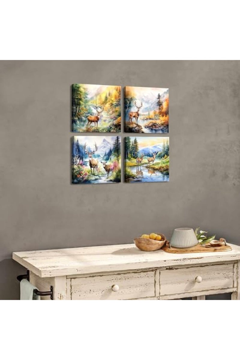 sunfrower Deer Canvas Wall Art Forest Scenic Wall Decor Watercolor Elk Moose Pictures for Bathroom Living Room Bedroom Nature Landscape Poster Mountain River Animal Painting Artwork Home Decorations 12x12” 4Pcs - Image 2