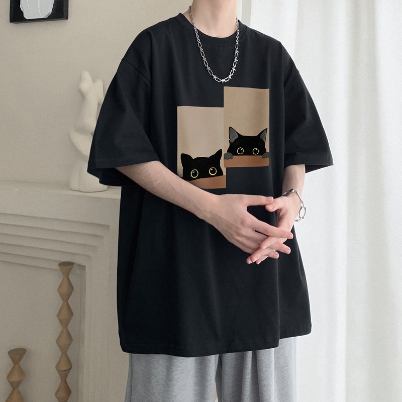 silhouette short sleeve T-shirt boys summer men's couple clothes new teenagers loose half sleeve