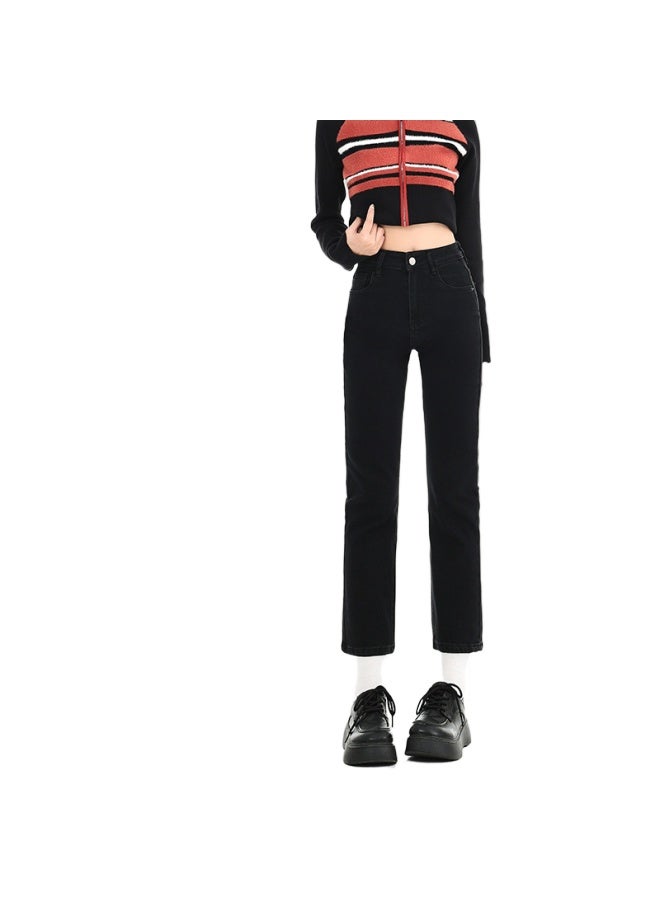 هابي سراويل سيجارة سوداء جينز مستقيم للنساء خريف نمط جديد صغير خصر عالي نحيف نحيف بنطلون تسع نقاط - Image 1