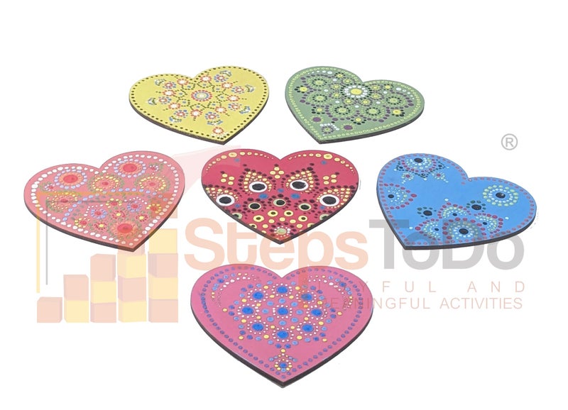 StepsToDo Wooden Dot Mandalas Paint Kit Mandal Art Kit Heart Shaped Tea Coaster Set of 6 (4 inch) with Coaster Holder, 10 Dot Tools, Acrylic Colours, Brush and Paiting Dish (Kit G) - Image 4