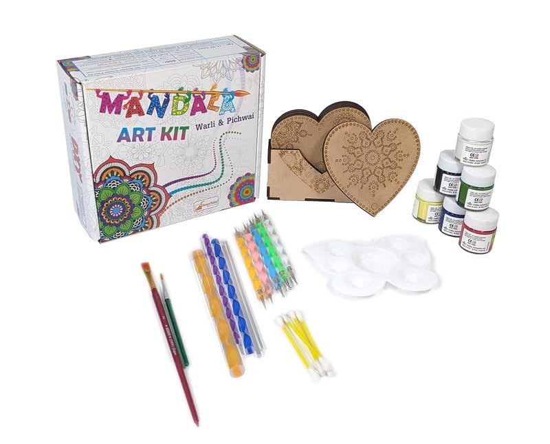 StepsToDo Wooden Dot Mandalas Paint Kit Mandal Art Kit Heart Shaped Tea Coaster Set of 6 (4 inch) with Coaster Holder, 10 Dot Tools, Acrylic Colours, Brush and Paiting Dish (Kit G) - Image 1