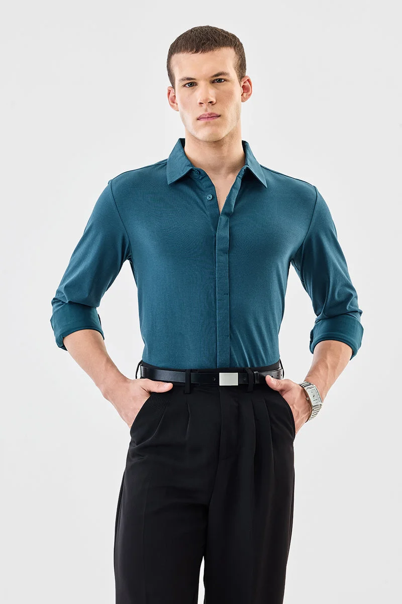 SNITCH Teal Solid Long Sleeve Regular Fit Formal Shirt