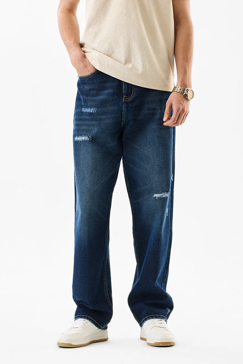 SNITCH Blue Solid Loose Fit Streetwear Jeans