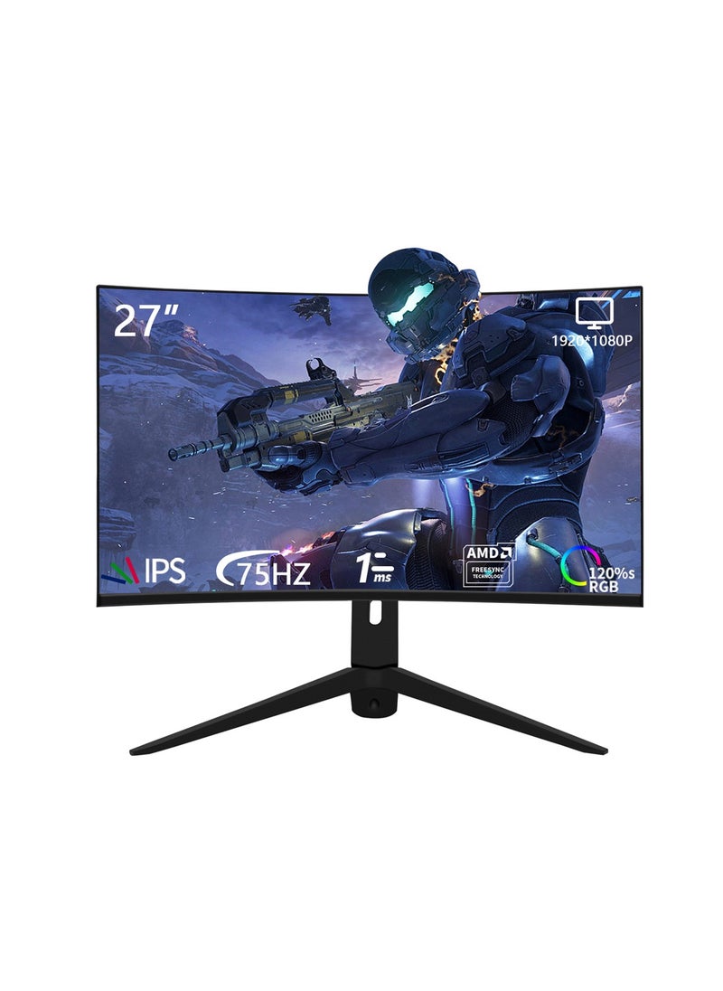 Glanfen - 27 Inch Curved Gaming Monitor 75Hz with LED Backlit,FHD 1920×1080 Computer Monitor 16:9 Wide HDR Display 1ms Response PC Monitor （HDMI+VGA）Black - Image 1