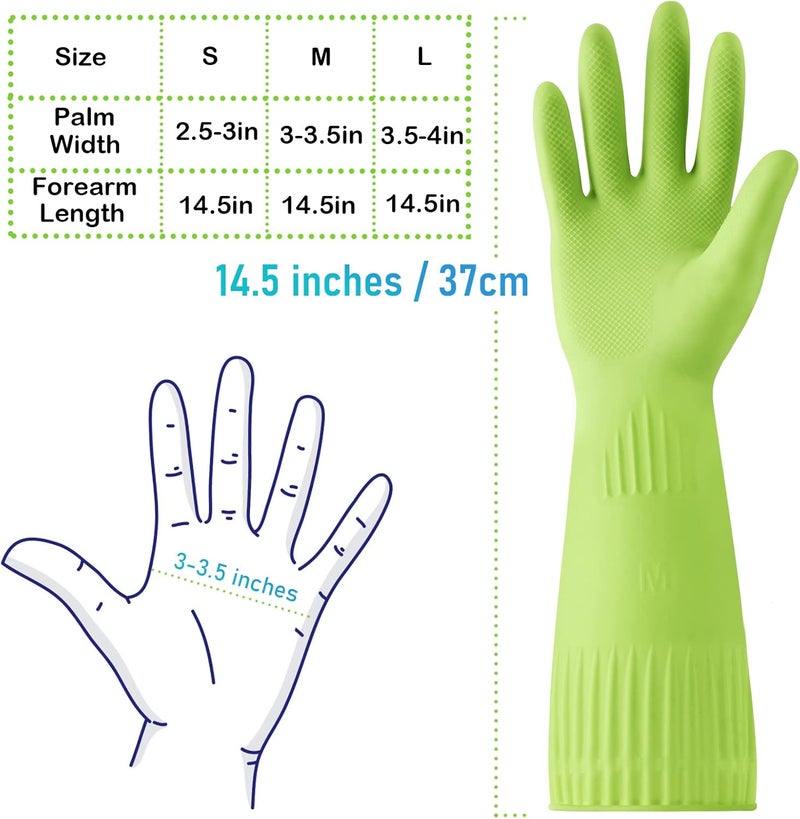 Disfore 2 Pairs of Durable Rubber Gloves, Reusable Non-Slip Cleaning Gloves, Long Sleeve Waterproof Household Dishwashing Gloves to Protect Hands, Soft and Comfortable Premium Kitchen Gloves, (Medium Green) - Image 5
