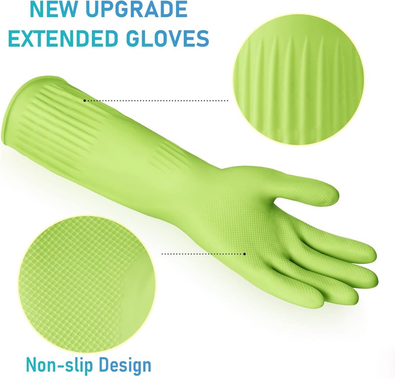 Disfore 2 Pairs of Durable Rubber Gloves, Reusable Non-Slip Cleaning Gloves, Long Sleeve Waterproof Household Dishwashing Gloves to Protect Hands, Soft and Comfortable Premium Kitchen Gloves, (Medium Green) - Image 2